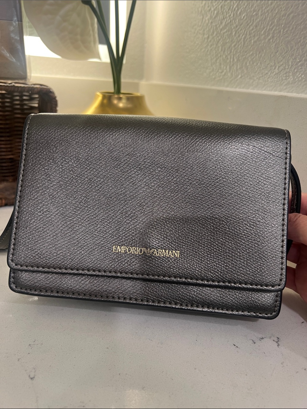 Emporio Armani Metallic dark gray Crossbody with Gold Logo